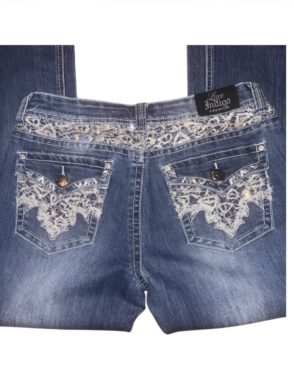 Love Indigo bootcut denim jeans WOMENS embellished western boho lace medium wash - Picture 7 of 9